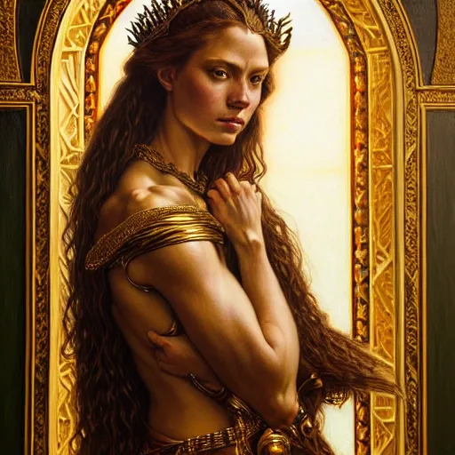 Image similar to highly detailed portrait of a majestic lioness queen in the form of a beautiful woman. d & d. art by donato giancola, eugene delacroix, evelyn de morgan, bastien lecouffe - deharme. trending on artstation, intricate details, energetic composition, golden ratio, concept art, illustration, elegant art, global illuminaition