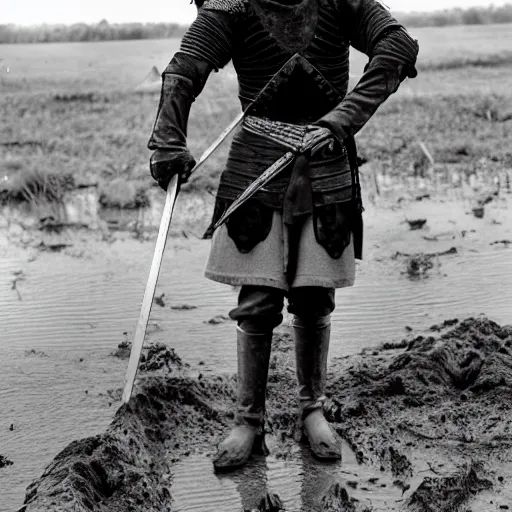 Image similar to Medieval squire with medieval clothes. Standing in the mud. Black & White photo.
