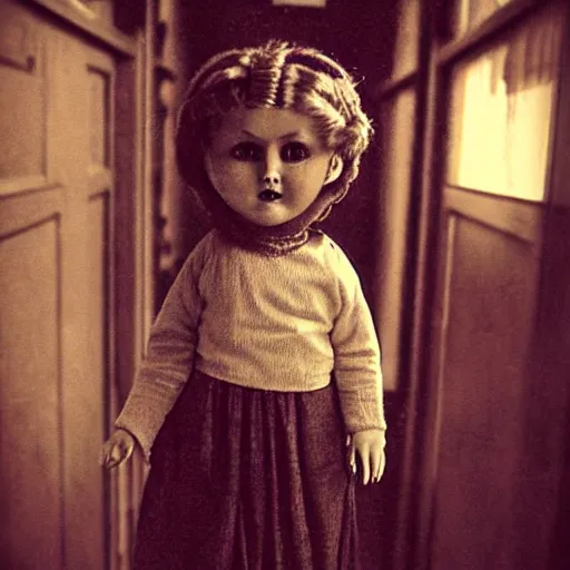 Image similar to creepy vintage doll in darkly lit hallway