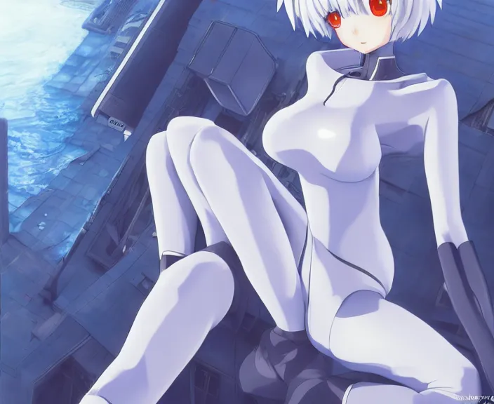 Image similar to anime art, fullbody shot of female rei ayanami, evangelion, long blue hair and large eyes, finely detailed perfect face, in a pale skintight plugsuit, sitting on rooftop, flooded city, trending on pixiv fanbox, by ilya kuvshinov, sola digital arts,, raytracing