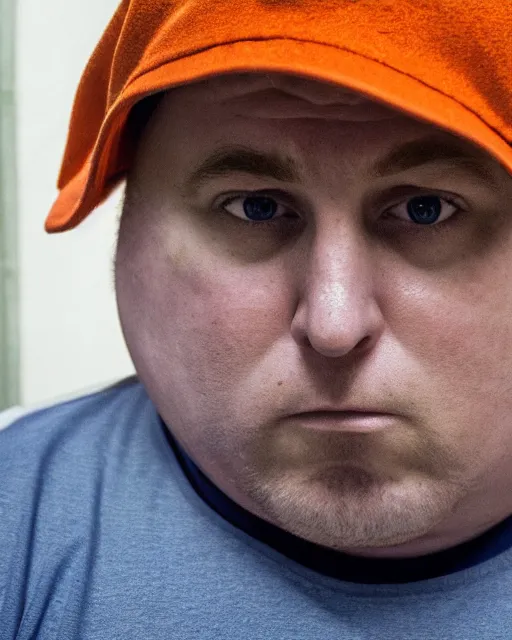 Image similar to prison mugshot of real - life eric cartman, bright flash, orange prison shirt, low saturation, somber expression, filthy hair, rugged textured face, soft vignette, soft focus, 5 0 mm, 4 k, nypd