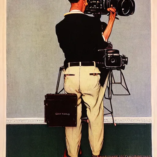 Prompt: norman rockwell painting of a man holding a large television - video - camera