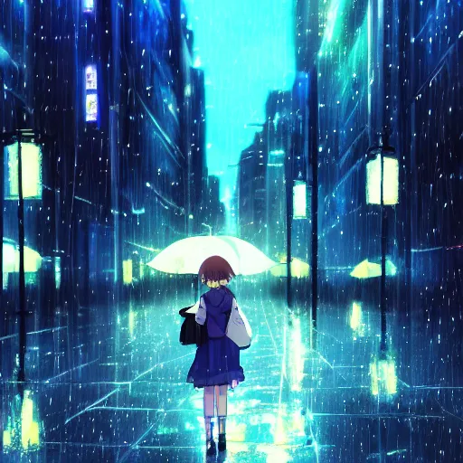 Image similar to beautiful anime girl walking in rainy osaka city center at night, anime key visual, digital art, anime screenshot, kyoto animation, makoto shinkai, trending on artstation