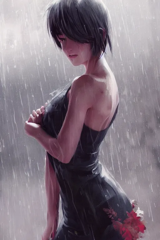 Image similar to a girl in the rain, full shot, fine - face, realistic shaded perfect body, fine details. night setting. very anime style. realistic shaded lighting poster by ilya kuvshinov katsuhiro, magali villeneuve, artgerm, jeremy lipkin and michael garmash, rob rey and kentaro miura style, trending on art station