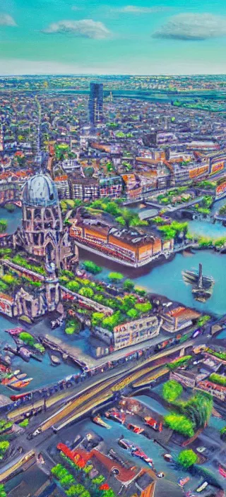 Prompt: a large oil painting of a drone view of amsterdam