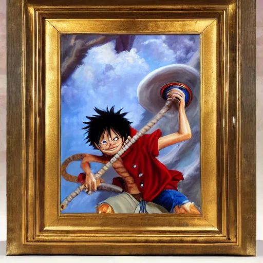 Image similar to monkey d. luffy oil - on - canvas painting, inspired by emanuel leutze