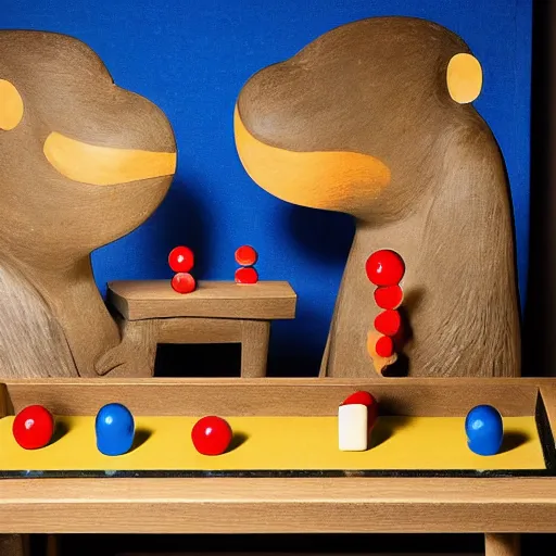 Image similar to by joan miro, by tony northrup in greece insane. a beautiful sculpture of a group of monkeys playing backgammon. the monkeys are seated around a table, with some of them appearing to be deep in concentration while others appear to be playing more casually.