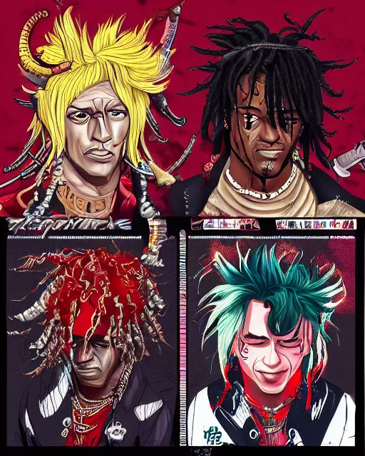 Prompt: Album art Young Thug, Playboi Carti and Lil Uzi Vert, Ninja Scrolls, Gang, Draco, Blood, red smoke, by artgem, Trending on artstation