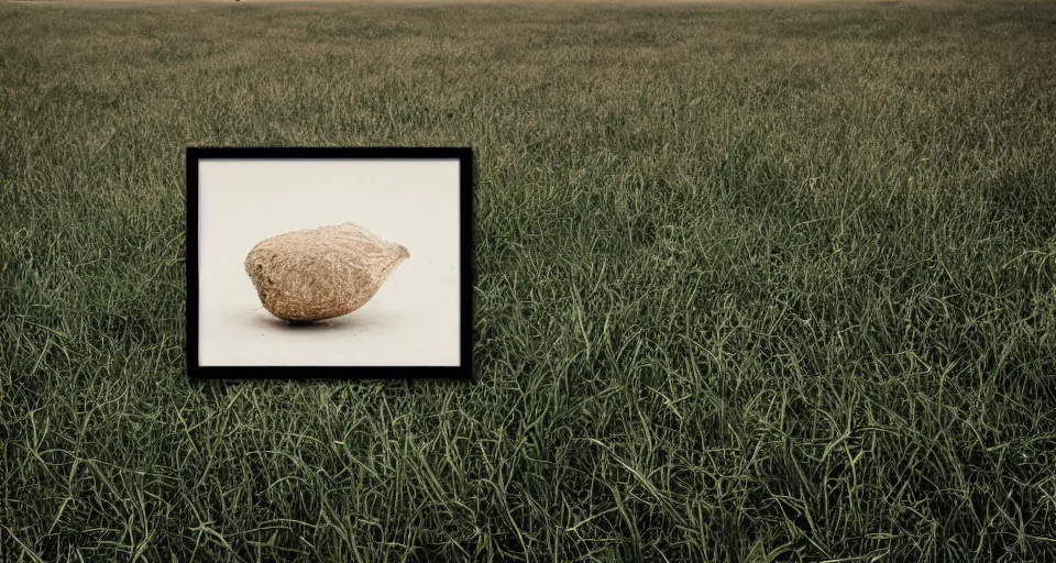 Prompt: a rizom photographic print of an exotic object on display in an empty field | hybrid meaning | anthropology of thoughts | high quality