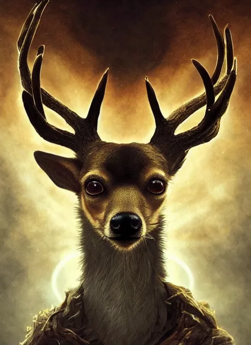 Image similar to deer chihuahua huge ominous glowing brown eyes staring into my soul, perfect eyes, soft pale golden skin, intricate stunning highly detailed, Agostino Arrivabene, Tomasz Strzalkowski, twisted bright lucid dream, 8k portrait render, angel wings, swirling thick smoke , beautiful lighting, dark fantasy art, cgsociety