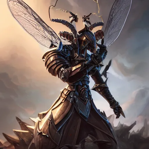 Image similar to portrait of humanoid mosquito resembling a knight in black armor with two dragonfly wings, league of legends splash art, hearthstone splash art, full body shot, rule of thirds, ultrafine hyperrealistic detailed face, artgerm, greg rutkowski, trending on artstation, 8 k, intricately detailed, highly detailed