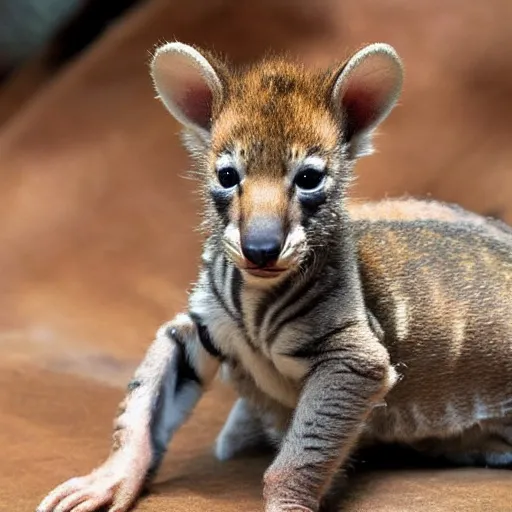 Prompt: baby Tasmanian tiger real photo in zoo