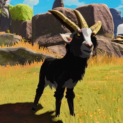 Image similar to an anthropomorphic black goat in breath of the wild, screenshot