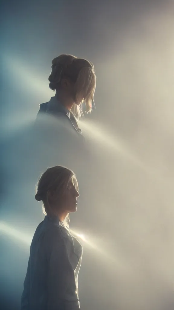 Image similar to very very beautiful photograph of emily skinner looking like annie leonhart standing next to a window god rays shining on her from the sunlight, volumetric fog, smoke, depth of field, beautiful composition, very very very beautifull face, on artstation and instagram