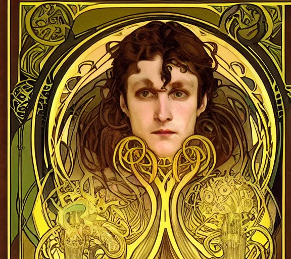 Image similar to Hastur the King in Yellow, art nouveau portrait of an eldritch elder god, by alphonse mucha, Adolfo Hohenstein, Alice Russell Glenny, Stanley Artgerm Lau, greg rutkowski, detailed 4k artwork trending on artstation, smooth, sharp focus