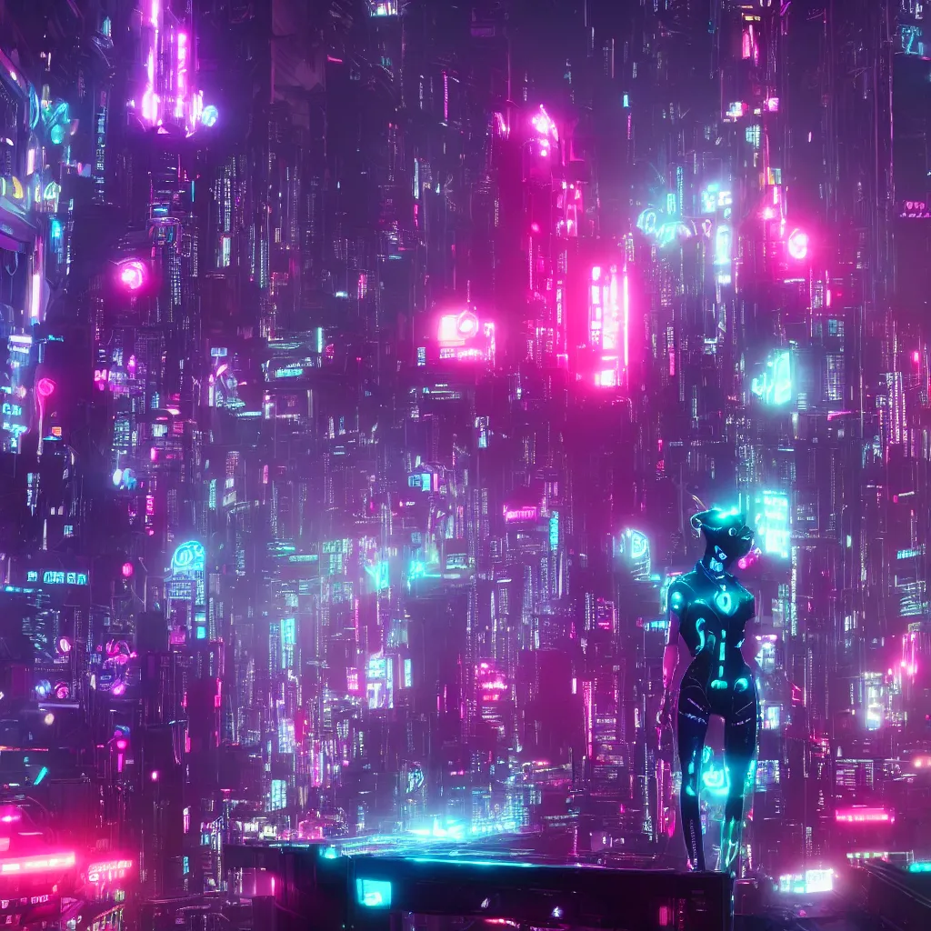 Image similar to cybercat, neon glow, cyberpunk city in the background, futurism, hyper photorealistic, digital photography, trending in artstation, cinematic, unreal engine, octane render