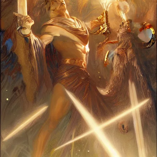 Image similar to attractive male deity casts light spell, summons attractive male lucifer morningstar. highly detailed painting by gaston bussiere, craig mullins, j. c. leyendecker 8 k