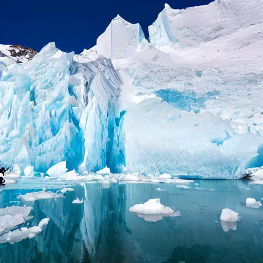 Prompt: a wide angle photograph taken on a kayak of a river with blue skies ahead and very tall blue frozen glaciers on the sides, rowing out of a frozen ice cave