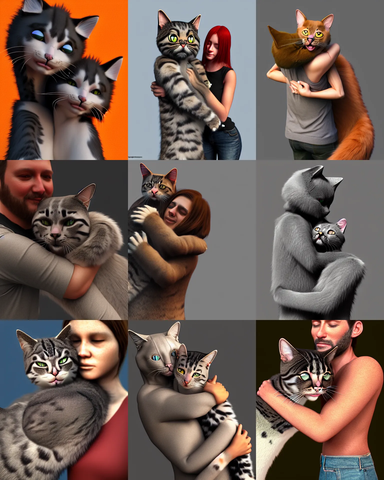Prompt: being hugged by a cat furry man fyrsona, dmt, ue 5, photorealistic, raytracing fur rendering