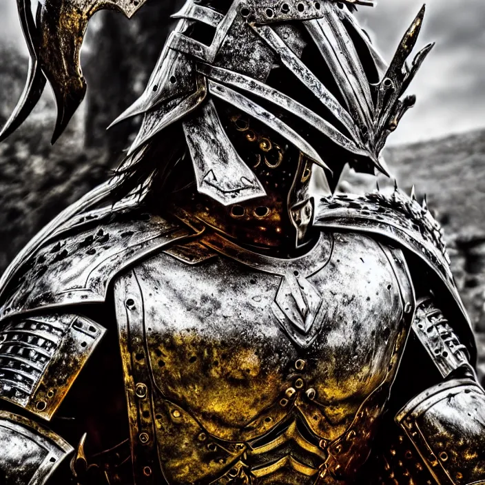Image similar to digital art of a warrior headless, no head, body with, with metal themed fantasy epic armour, highly detailed, hdr, smooth, sharp focus, high resolution, award - winning photo