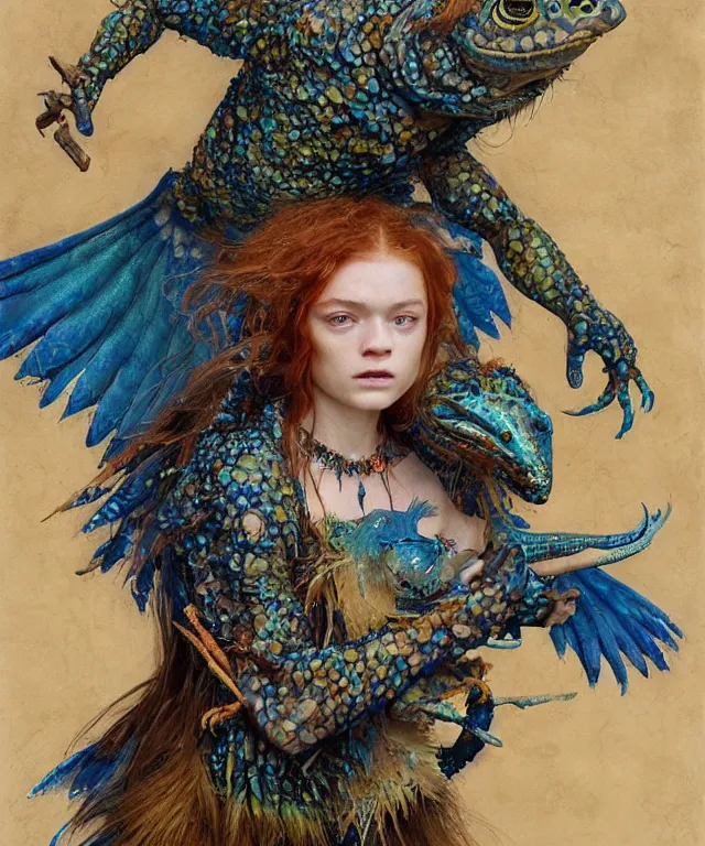 Prompt: a portrait photograph of a meditating fierce sadie sink as a colorful harpy hawk super hero with blue spotted slimy skin with scales. her body is transforming into a amphibian beast. by donato giancola, hans holbein, walton ford, gaston bussiere, peter mohrbacher and brian froud. 8 k, cgsociety, fashion editorial