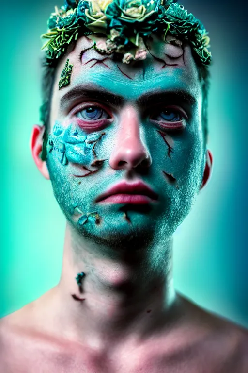 Prompt: neo-surrealist hyper detailed close-up portrait of young beardless man covered in rococo flower tattoos matte painting concept art key sage very dramatic dark teal lighting low angle hd 35mm shallow depth of field 8k
