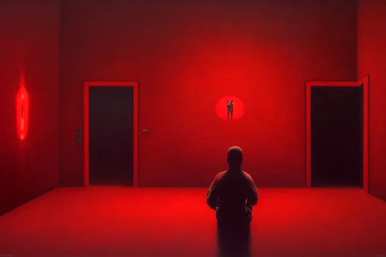 Image similar to only with red, netflix studios with workers, a big mickey mouse head in the middle of the room, in the style of beksinski, parts by edward hopper, parts by rodcenko, parts by yue minjun, intricate and epic composition, red by caravaggio, insanely quality, highly detailed, masterpiece, red light, artstation, 4 k