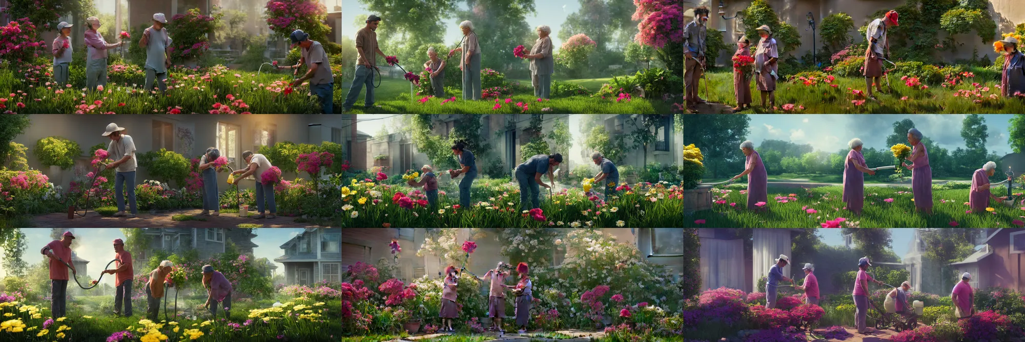 Prompt: manny montana watering the flowers with an eldery lady, 4k trending on artstation, photorealistic, volumetric lighting, octane render,