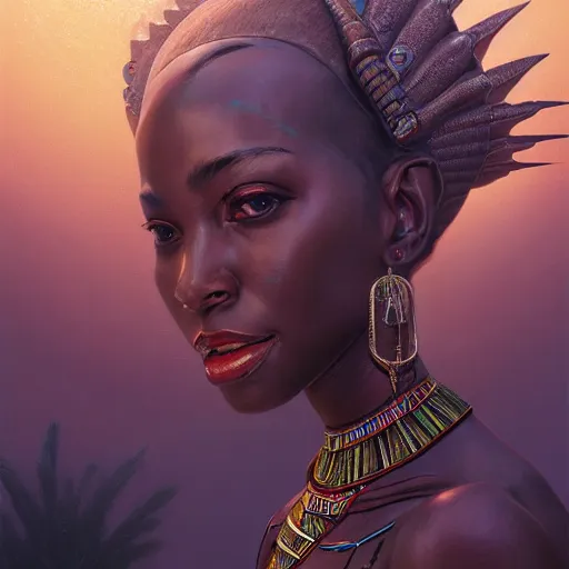 Image similar to highly detailed portrait of an african egyptian goddess, intricate alien technology, stephen bliss, unreal engine, fantasy art by greg rutkowski, loish, rhads, ferdinand knab, makoto shinkai and lois van baarle, ilya kuvshinov, rossdraws, tom bagshaw, global illumination, radiant light, detailed and intricate environment