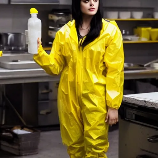 Prompt: camila mendes as veronica lodge cooking meth in a yellow hazmat suit, still from breaking bad