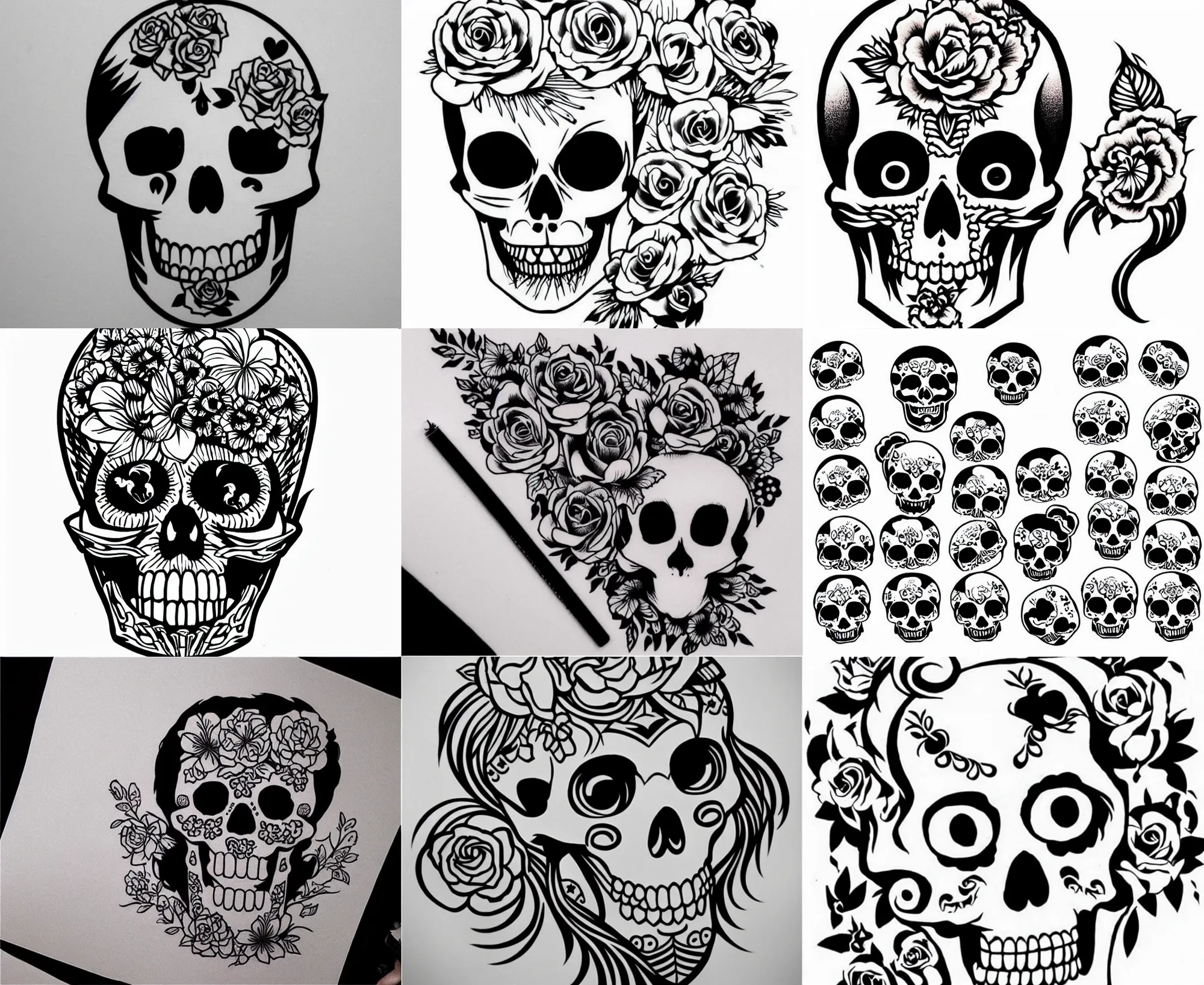 Image similar to detailed tattoo stencil bold lines, cute adorable lovely anime skull kawai