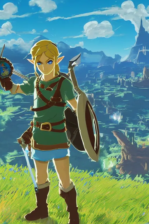 Image similar to in game footage of link from the legend of zelda breath of the wild activating magnesis, breath of the wild art style.