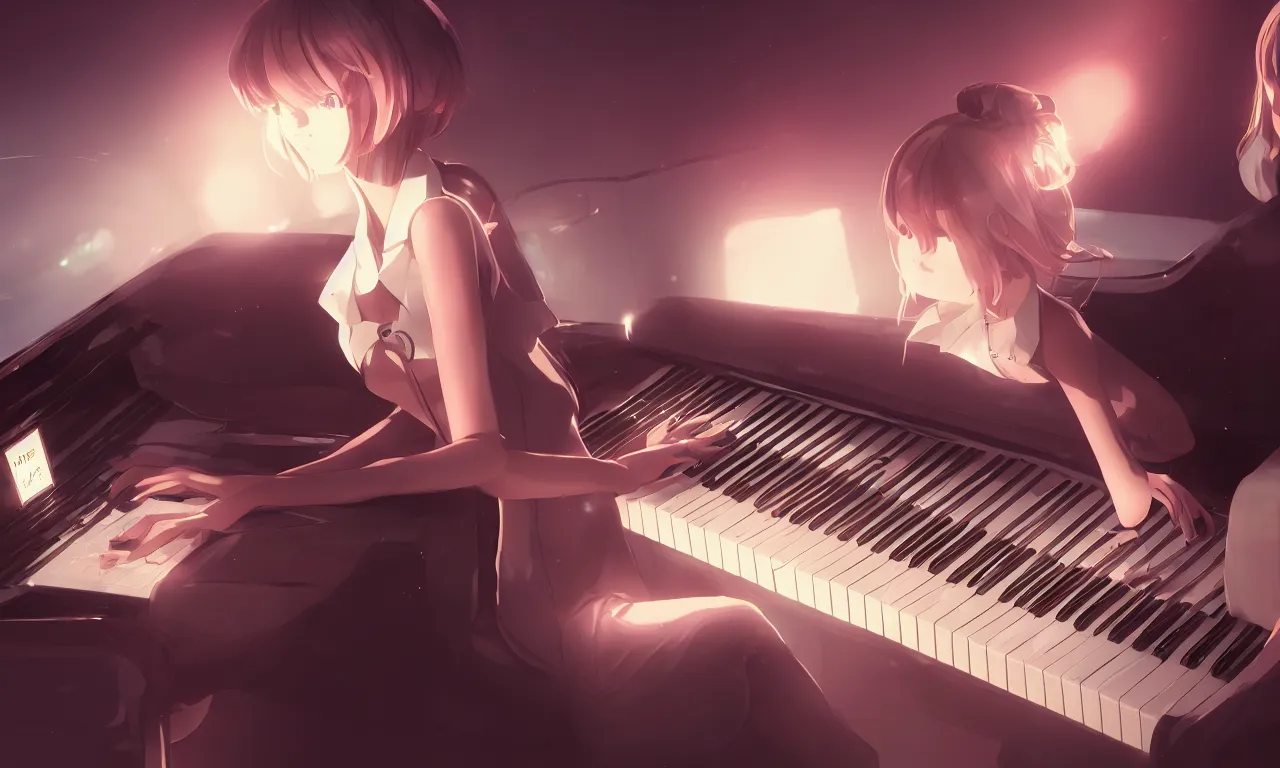 Prompt: artificial intelligence, playing the piano, ambient lighting, 4k, anime key visual, lois van baarle, ilya kuvshinov, rossdraws, artstation