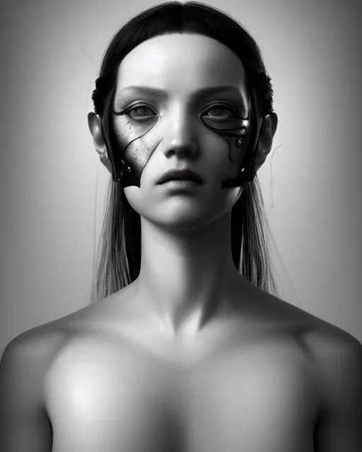 Prompt: dreamy, monochrome, subsurface scattering, white, young beautiful cyborg - goddess in cosmos, octane render, dino valls, mark ryden, joe fenton, michal karcz, highly detailed, rim light, art, cinematic lighting, very coherent, hyper realism, 8 k