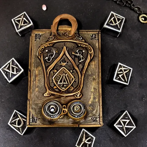 Image similar to a large ornate key with gems and engraved runes, on a rough wooden dungeon table, torchlit, d & d, photo