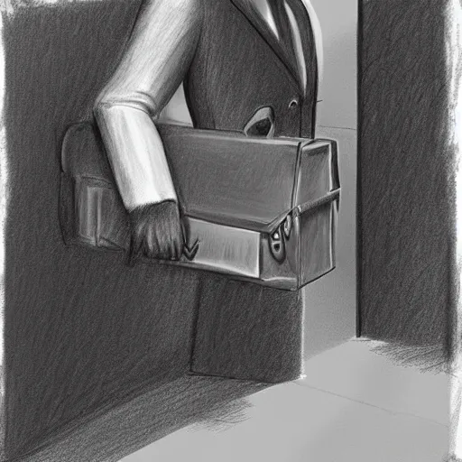 Image similar to 3D photorealistic pencil drawing of a cat in a suit with a briefcase on his way to work