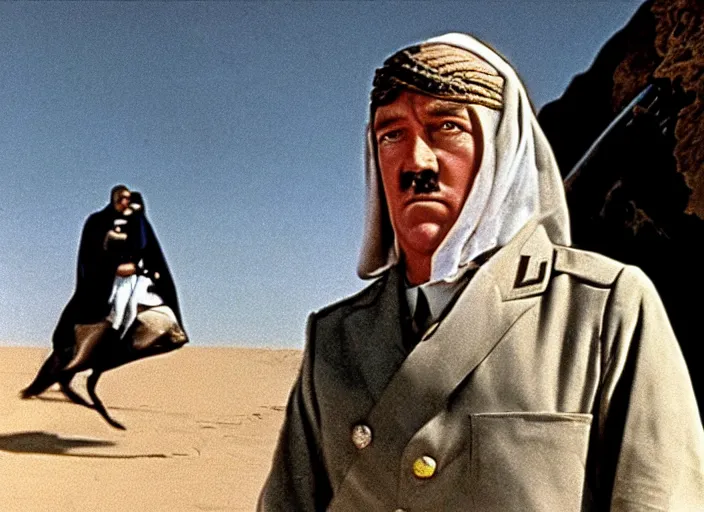 Image similar to a film still of adolf hitler in lawrence of arabia ( 1 9 6 2 ), technicolor