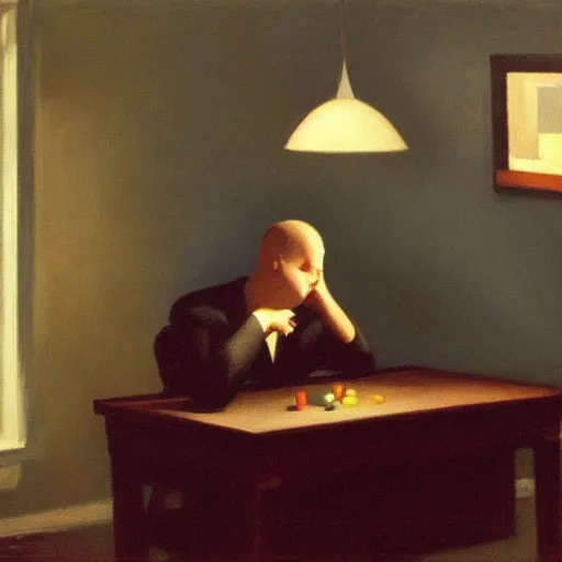 Prompt: a dark edward hopper oil painting of a man playing video games