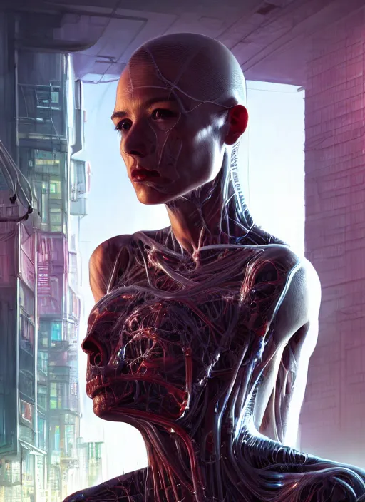 Image similar to 3 / 4 portrait, transparent skin, muscle, bones, veins, nerves, retro clothing, hyperrealism, detailed, photorealistic, cyberpunk apocalyptic city, futuristic, ultra realistic, cinematic, intricate, cinematic light, unreal engine 8 k, octane render, unreal engine by charlie bowater, david kostic, stanley lau, artgerm