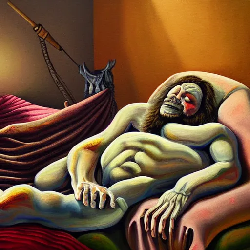 Image similar to highly detailed painting, the sleep of reason brings forth monsters