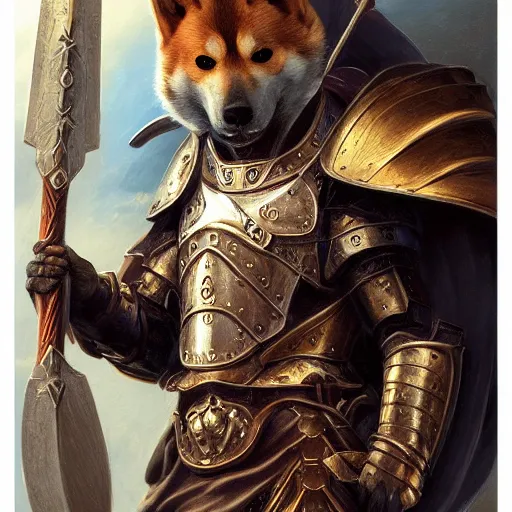 Image similar to anthropomorphic shiba inu, holy paladin armor, holding dragon slayer sword and shield, fantasy, holy light, portrait art by donato giancola and greg rutkowski, realistic face, visible holy aura, digital art, trending on artstation, symmetry