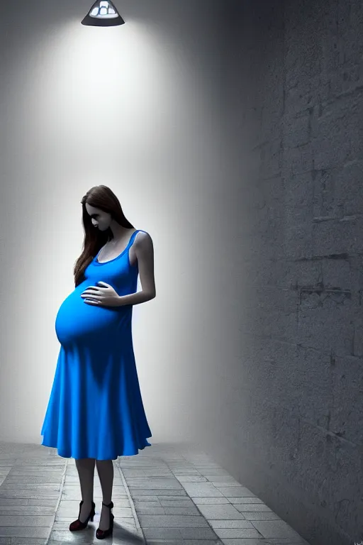 Image similar to pregnant woman in a short blue dress in night under street light, highly detailed, sharp focused, ultra realistic digital concept art by Nikolai Shurygin