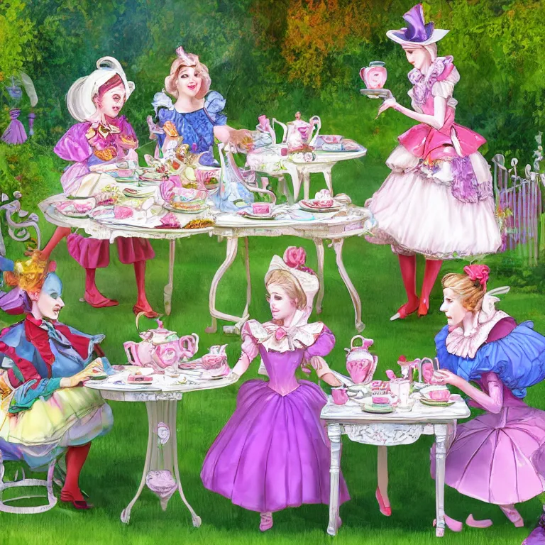 Prompt: A Tea Party were the attendants are Alice from Alice In Wonderland and Cinderella enjoying the moment, 4k, digital art