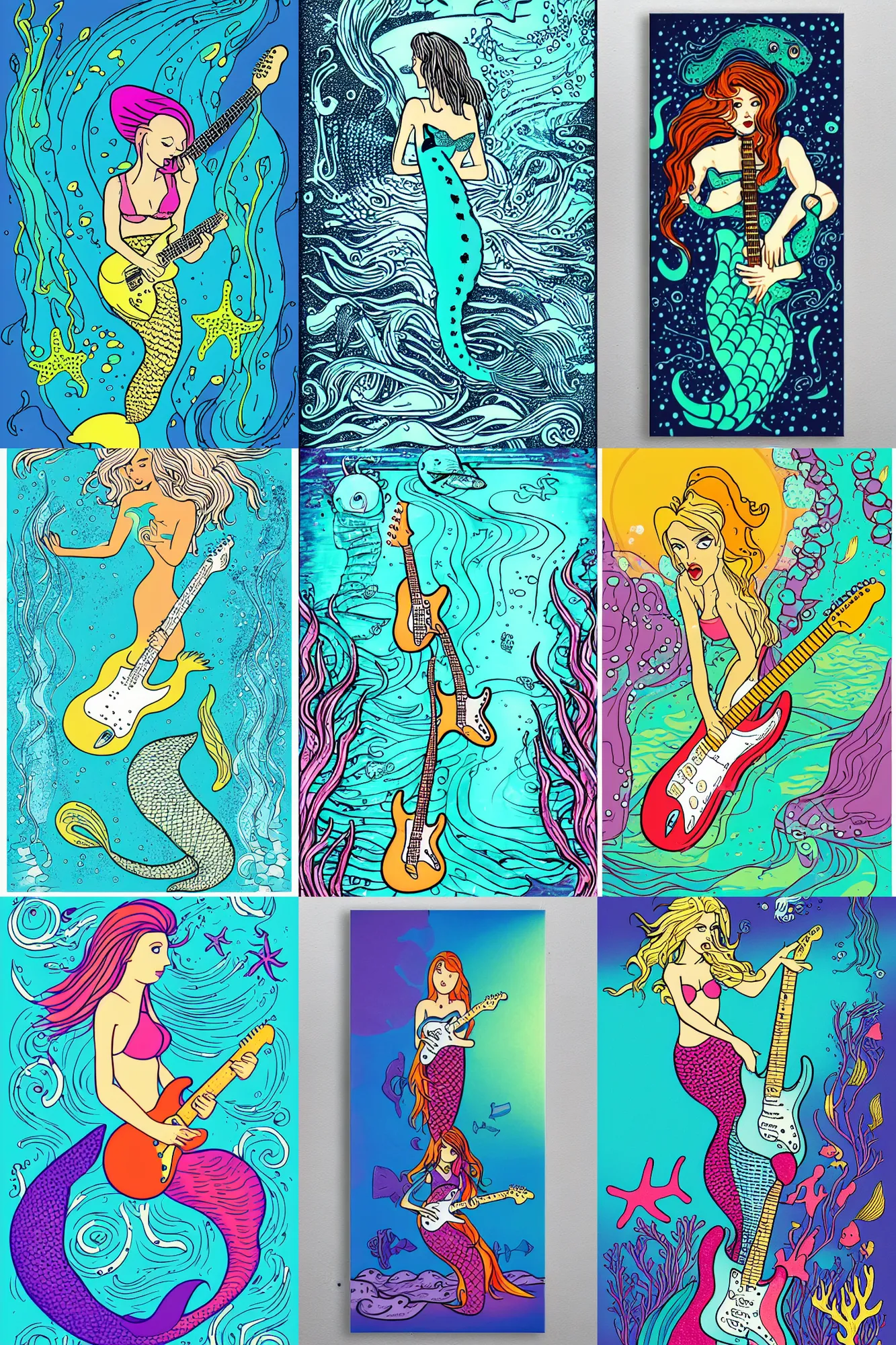 Image similar to illustration of a mermaid playing an stratocaster electric guitar, under the sea, limited colours, poster