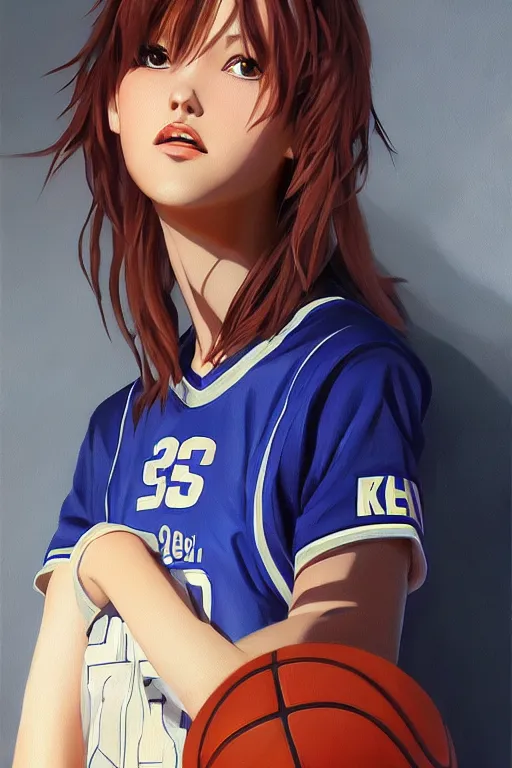 Prompt: A ultradetailed beautiful panting of a stylish girl wearing a basketball jersey, she is holding a basketball, Oil painting, by Ilya Kuvshinov, Greg Rutkowski and Makoto Shinkai