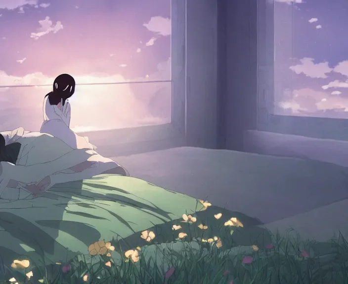 Prompt: A woman going to sleep, peaceful and serene, incredible perspective, soft lighting, anime scenery by Makoto Shinkai and studio ghibli, very detailed