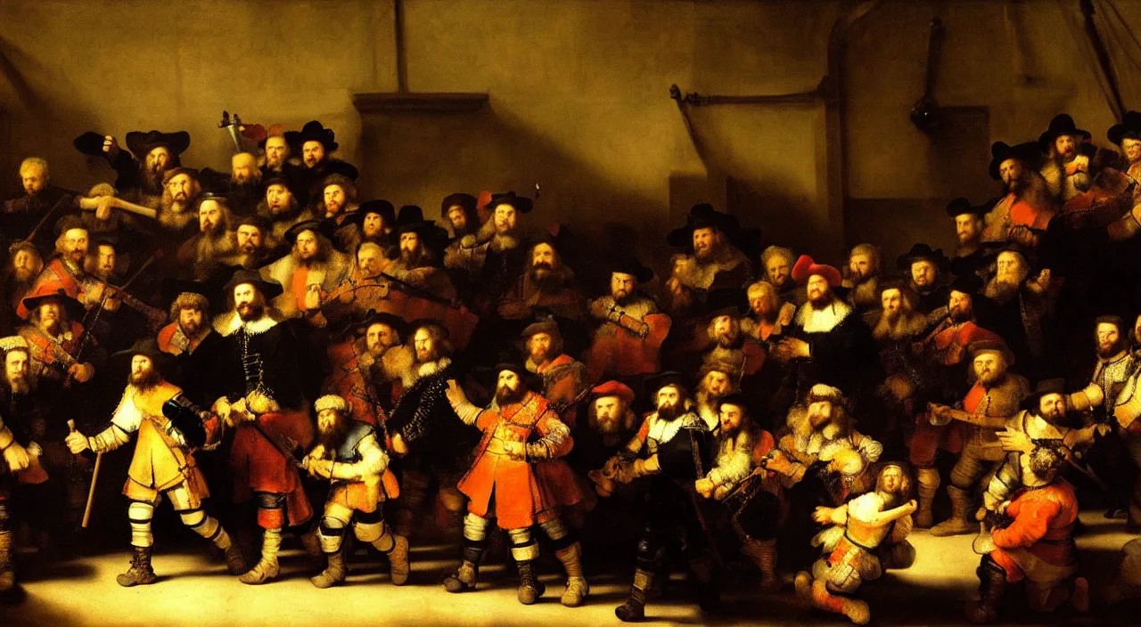 Prompt: Video game tournament. Painting by Rembrandt.