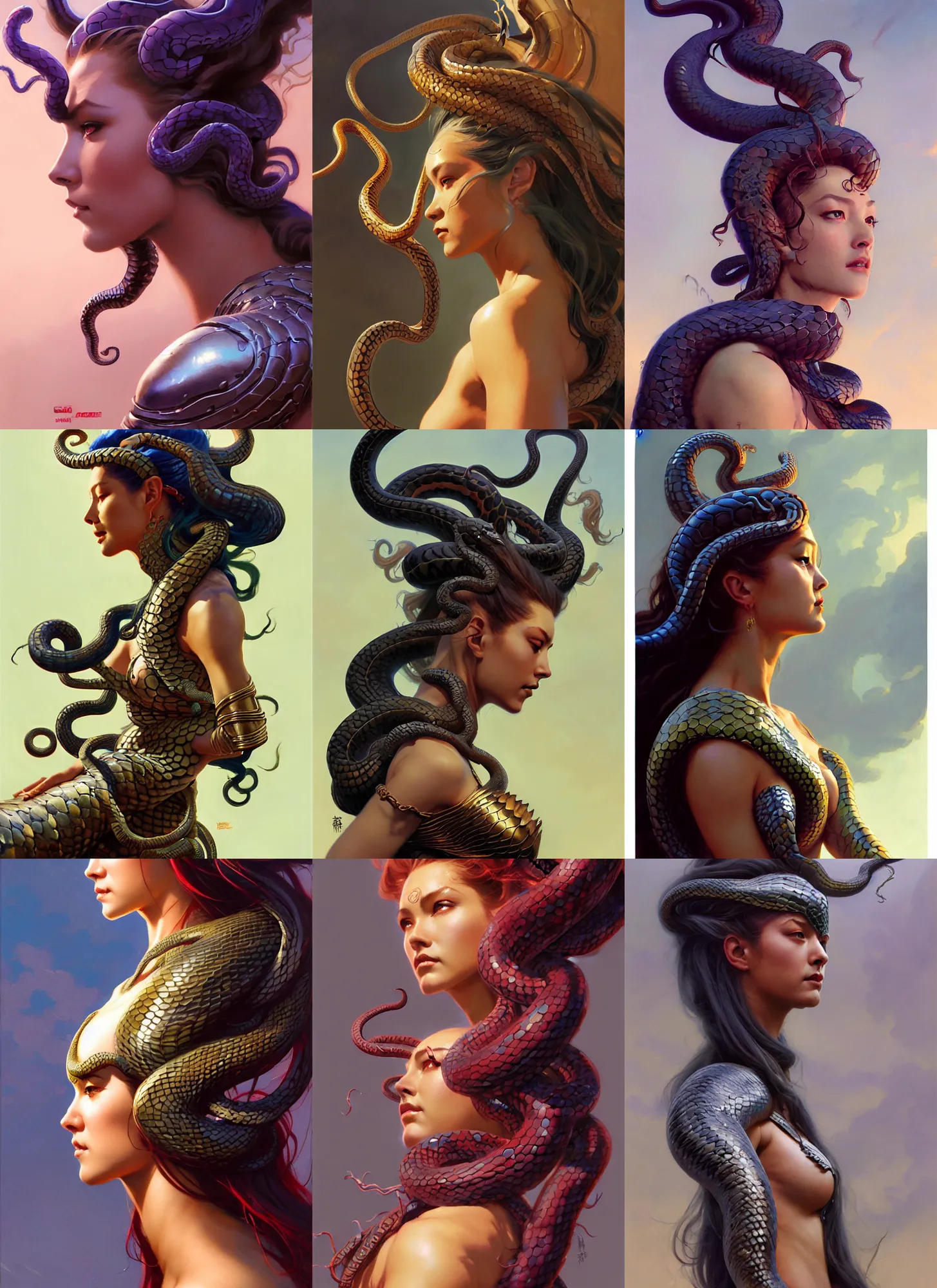 Prompt: side profile, medusa, naga, snake hair, snake scales, heavy metal scale armor, by greg manchess, huang guangjian, gil elvgren, sachin teng, greg rutkowski, jesper ejsing, ilya kuvshinov