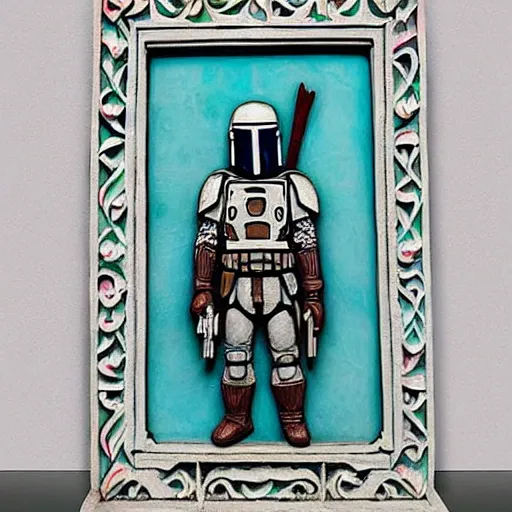 Prompt: intricate colorfully painted carved soapstone relief paneling, white and pale blue, celestial, ghostly, cathedral, insanely detailed, depiction of boba fett