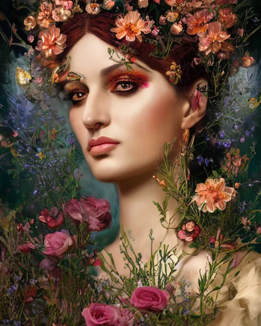 Image similar to portrait of the arabic queen of the underworld, surrounded by flowers by karol bak, james jean, tom bagshaw, rococo, sharp focus, trending on artstation, cinematic lighting, hyper realism, octane render, 8 k, hyper detailed.